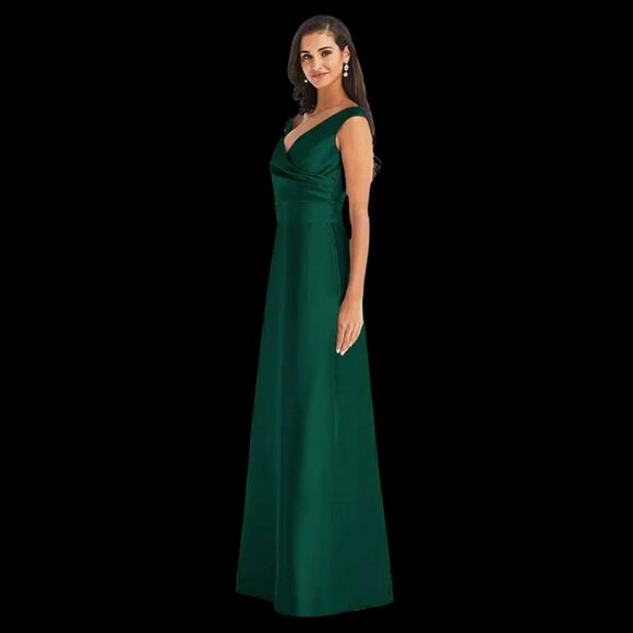 Alfred Sung Off-the-Shoulder Draped Wrap Satin Maxi Dress, Hunter Green Size 14 - Picture 6 of 7